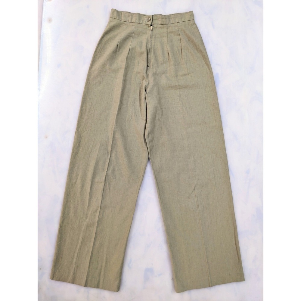 Vintage 90s Linen 2-Pc Pant Suit Set Sz 12 Khaki Wide Leg Shawl Collar Blazer - Picture 4 of 16
